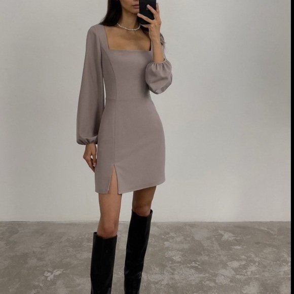 Chic Long Sleeve Taupe Dress - Picture 1 of 7